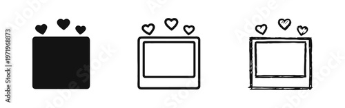 Digital image popularity and engagement icon set with hearts and a photo frame, for social network platforms.