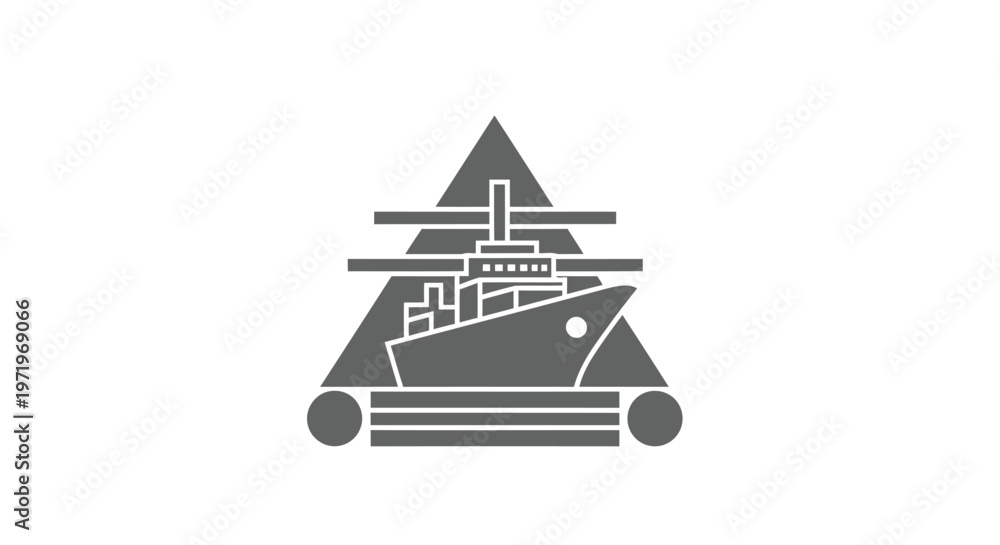 Fototapeta premium Modern Ship Inside Geometric Triangle Symbol on White Background.