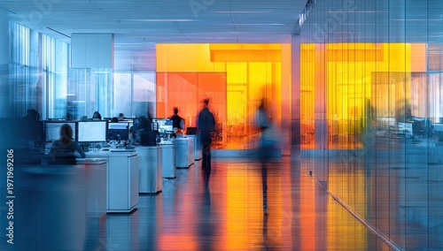 Blurred figures move through a modern, brightly lit office with abstract color panels