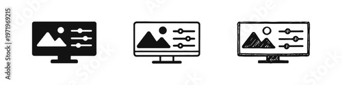 Monitor screen with image editing software and adjustment settings icon set, representing digital photo manipulation.