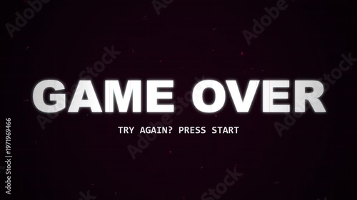 game over screen glitch effect, retro arcade text with subtitle try again press start, digital technology failure