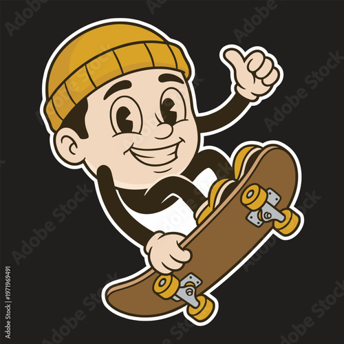 A retro vintage cartoon mascot illustration of a happy face character wearing a beanie hat holding a skateboard and giving a thumbs up