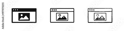 Online image viewing and web content display icon set in a browser window, suitable for multimedia platforms.