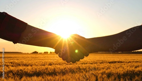 Two people shaking hands in a field at sunset, backlit by sun