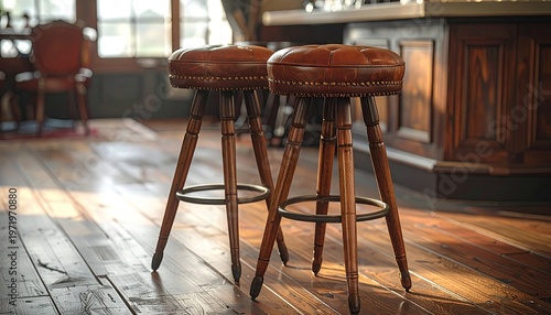 Two elegant, leather-topped bar stools sit in a warm, wooden interior