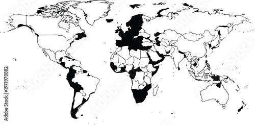 World map illustration with countries shaded black across continents, highlighting geopolitical distribution, colonial influence, trade networks, and historical global presence