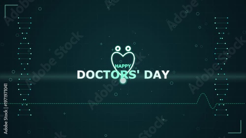 Happy doctors day animated text with heart and medical symbols, digital greeting for healthcare professionals, thank you medical staff, celebrating doctors