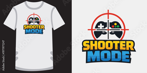 Shooter mode videogame logo with controller and crosshair for gaming emblem.