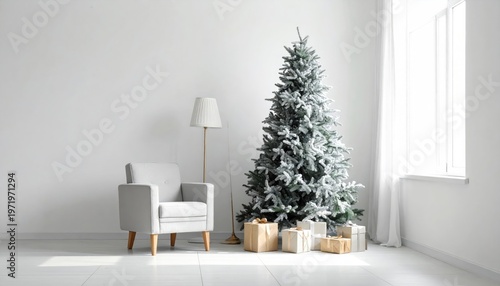 Room featuring a decorated evergreen tree, chair, and gifts near a window