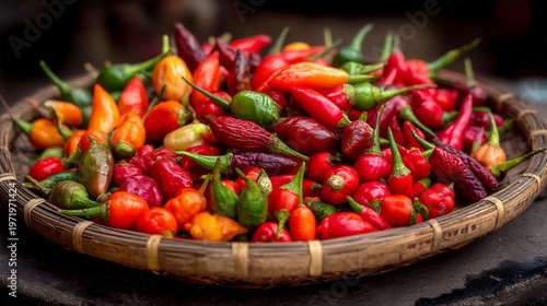 Vibrant Collection of Fresh Colorful Chili Peppers in a Basket