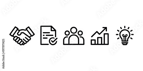 Black and white line of business agreement teamwork growth and idea handshake document checklist people