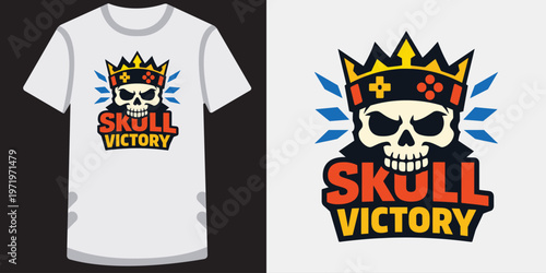 Skull king crown gaming logo with text skull victory vector illustration.