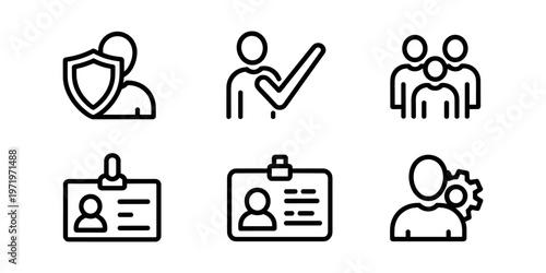 Black and white line of people and identity verification line black and white shield checkmark in white background