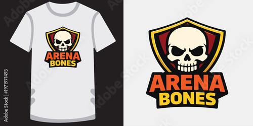 Skull in shield with text arena bones logo vector illustration.