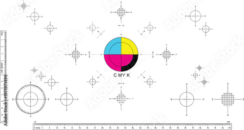 A comprehensive printing calibration chart featuring CMYK color circles, crosshairs, rulers, and measurement scales