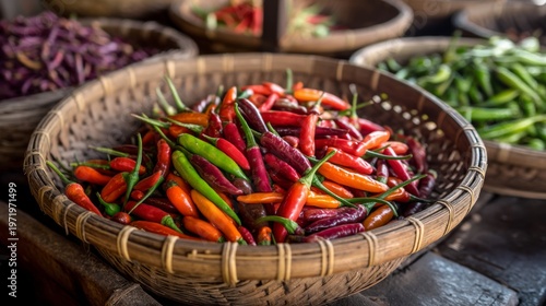 Colorful Assortment of Fresh Chilis in a Rustic Bamboo Basket