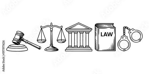 Black and white of law symbols including gavel, scales, courthouse, law book and handcuffs justice in white background