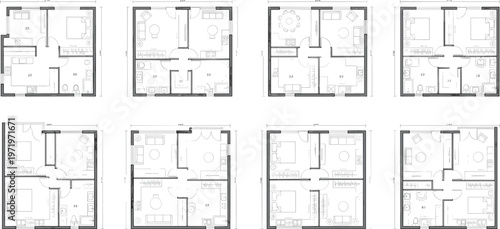 Collection of eight different apartment floor plan layouts with dimensions and furniture blueprint