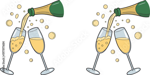 Champagne toast icons vector set, clinking glass celebration visuals, festive pouring design, bubbly party graphics, New Year cheers, editable scalable illustration