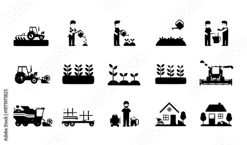 Flat farming stages collection with tractor plowing planting growing and harvesting agriculture vector illustration set