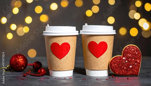 Two coffee cups with hearts, a heart cookie, and festive bokeh lights