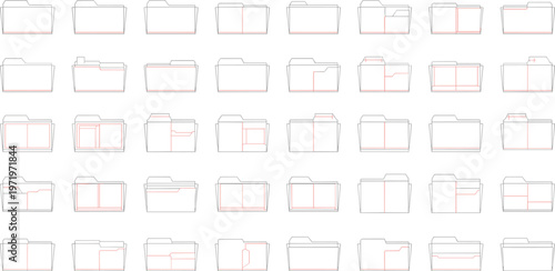 Grid of outline icons representing various types of file folders with red accents and different tab designs