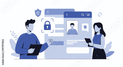 People interacting with a secure online profile interface.