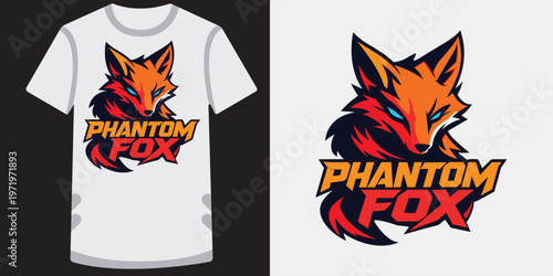Sly fox mascot logo with fiery eyes for esports team, featuring modern text and dynamic lines.