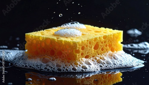 Close-up of yellow sponge saturated with soapy suds against a dark backdrop