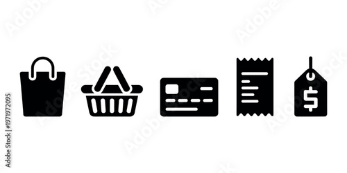 Black of shopping bag basket credit card receipt and price tag in white background