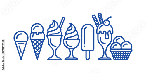 Blue line of various ice cream treats frozen treats dessert sweet in white background
