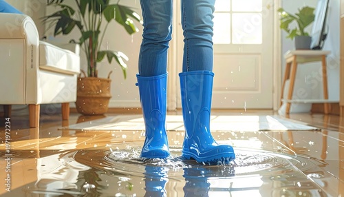 Person in blue rain boots stands in a puddle on wooden floor