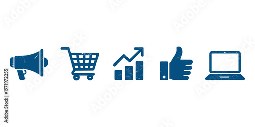 Blue of megaphone shopping cart graph thumb up laptop in white background