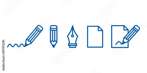 Blue of writing instruments and paper pencil in white background
