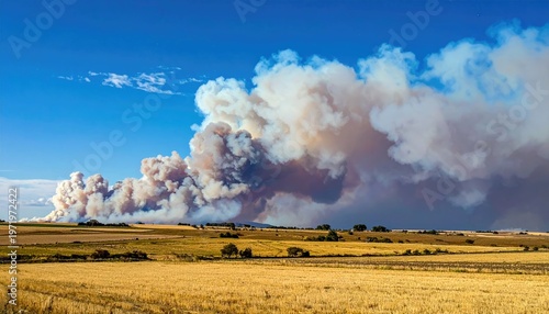 Vast plume of smoke billowing across field, under a bright blue sky