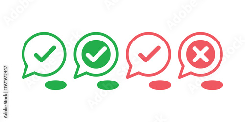 Green and red speech bubbles with checkmarks and x in white background