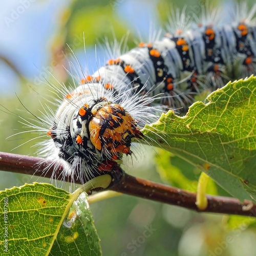 A fuzzy caterpillar on a branch with green leaves