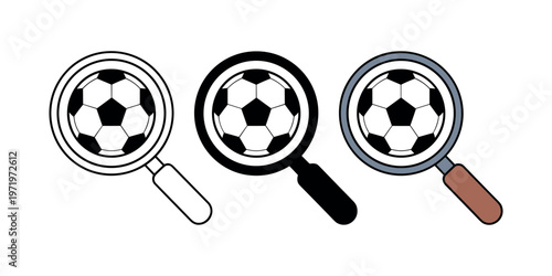 Soccer balls under magnifying glasses with different handles football search in white background