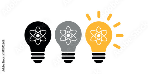 Three light bulb with atomic symbols in black gray and yellow in white background