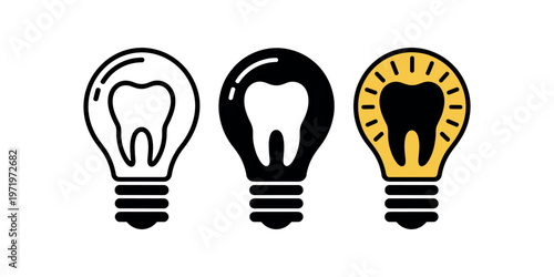 Three light bulb with tooth shapes in black and yellow dental in white background