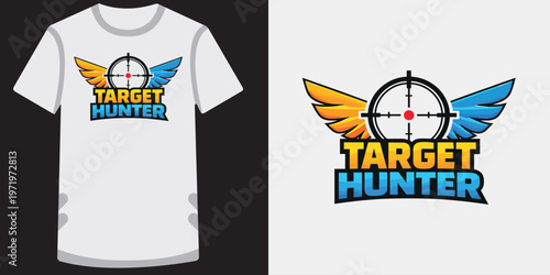 Target hunter winged logo with crosshair for flying shooting game emblem.