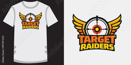 Target raiders winged logo with crosshair for combat shooting game emblem.