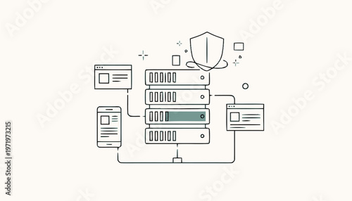 Network Server Illustration with Security Shield and Connected Devices.