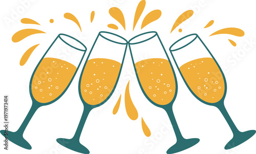 Four champagne glasses clinking illustration with golden bubbles splash, festive toast concept, joyful celebration design, party event artwork, isolated white background, editable vector