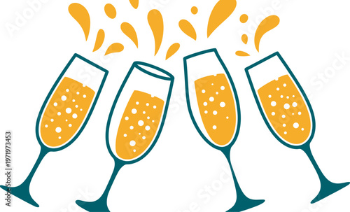 Four champagne glasses clinking illustration with golden bubbles splash, festive toast concept, joyful celebration design, party event artwork, isolated white background, editable vector