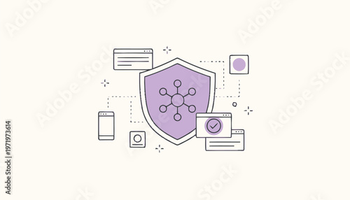 Purple shield with molecular structure.