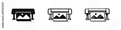 Large Format Printer Icon Set: Plotter Printing Image and Document Output for Design and Graphics