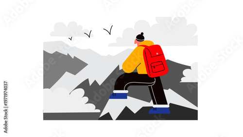A hiker with a red backpack standing on a mountain peak