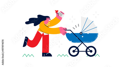 A vibrant illustration of a busy mom pushing a baby stroller while running