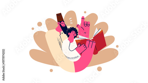 A colorful illustration of people reading and learning together in harmony